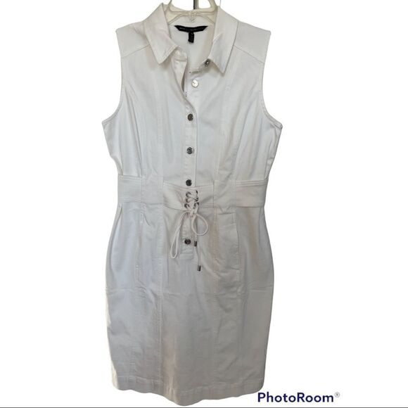 White House Black Market White Denim Waist Belt Shirt Dress Size 10 - Picture 4 of 12